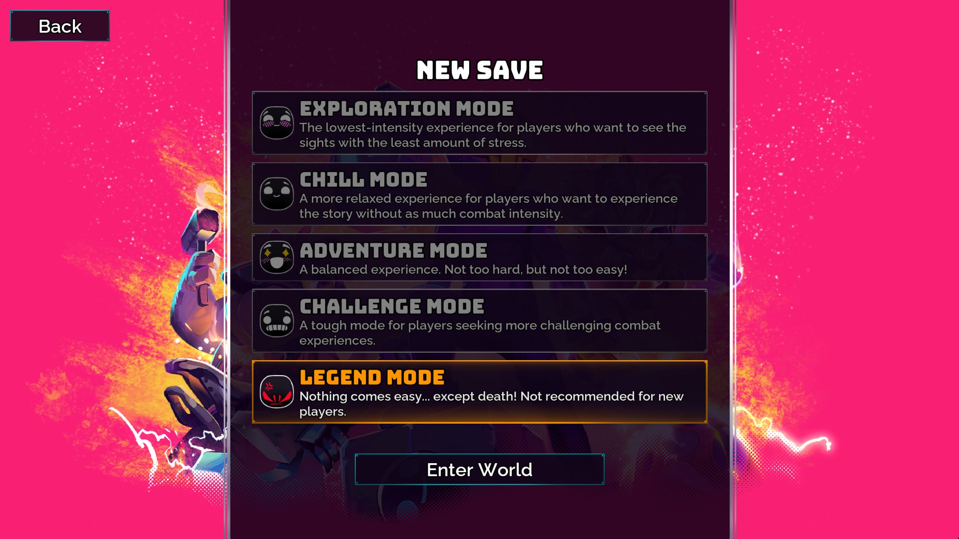 Image of the difficulty selector page with the two new modes