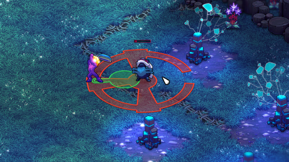 Flux preparing to strike an Ampy with the Space Wok, where the green, pan-shaped telegraph of the space walk overlays the red, steering-wheel-shaped telegraph of the Ampy's attack.