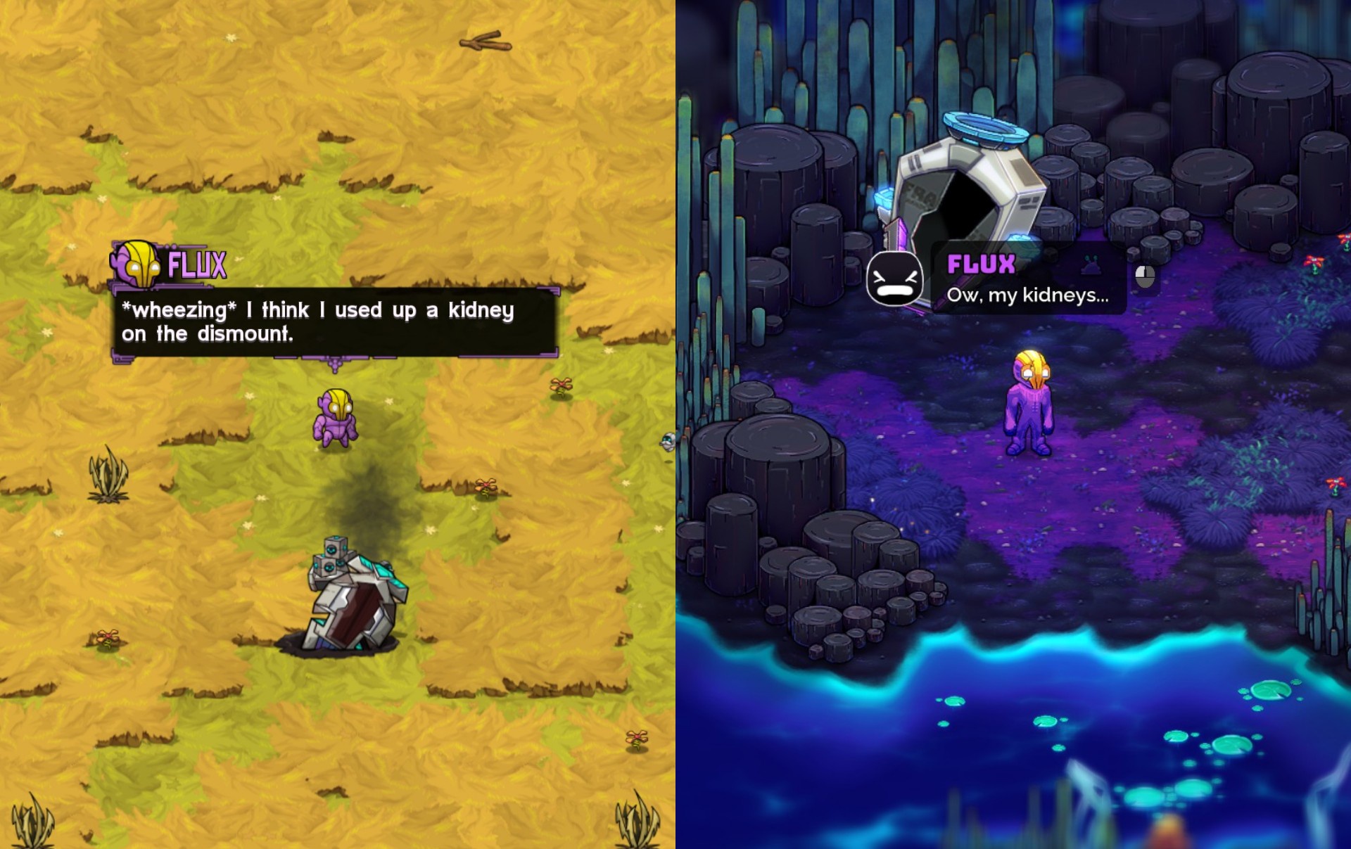 Side-by-side shots of Crashlands 1 and 2, with Flux having just crash-landed and complaining about kidney damage.