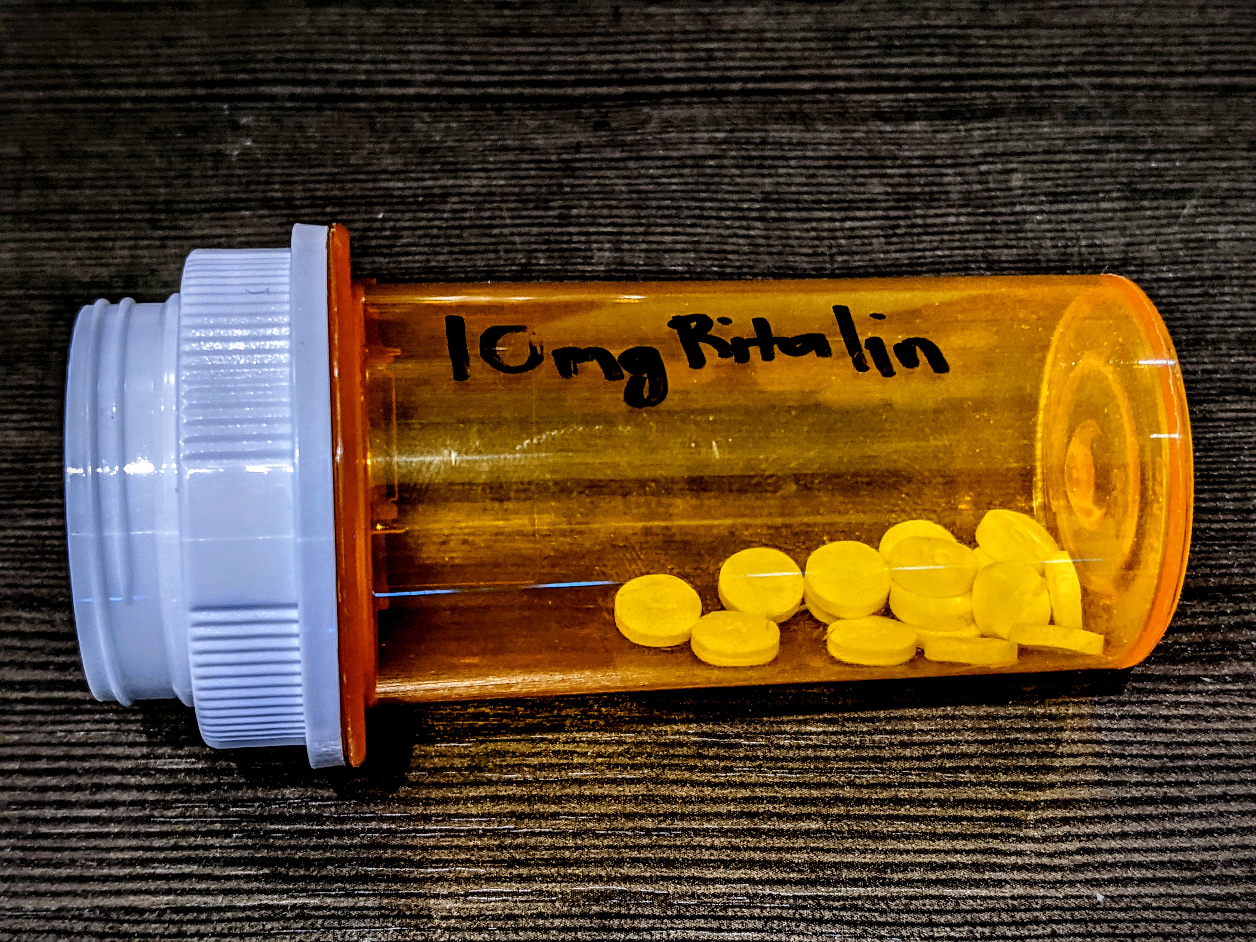 Picture of a pill bottle labeled as contained Ritalin.