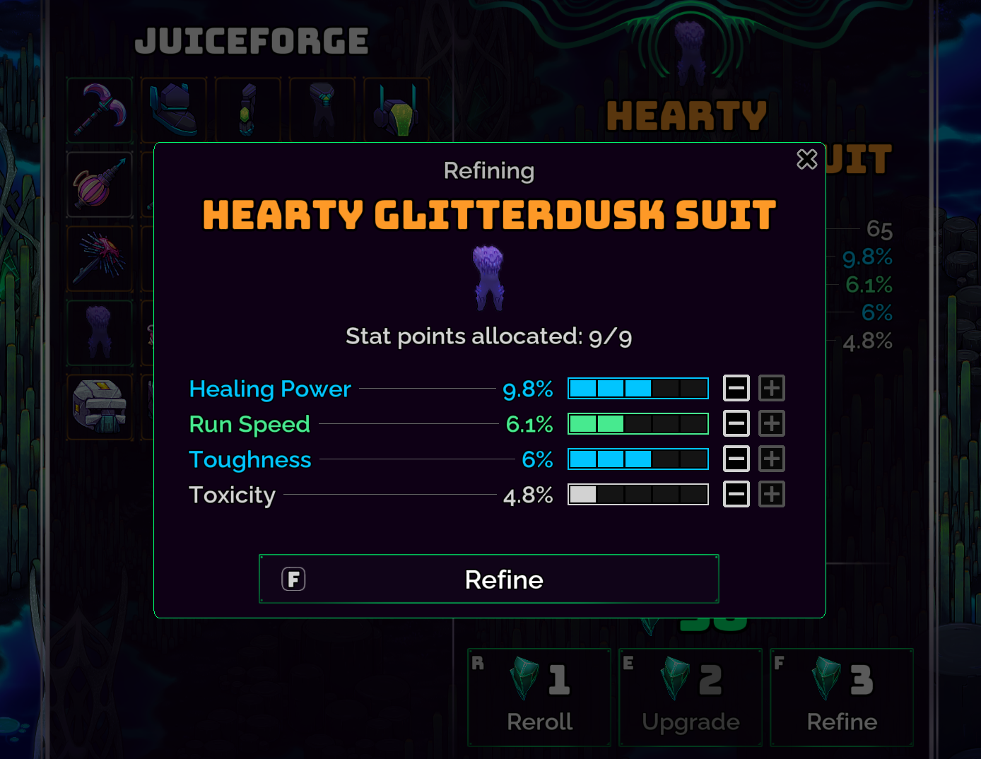 Image of the refining UI to reallocate stat points