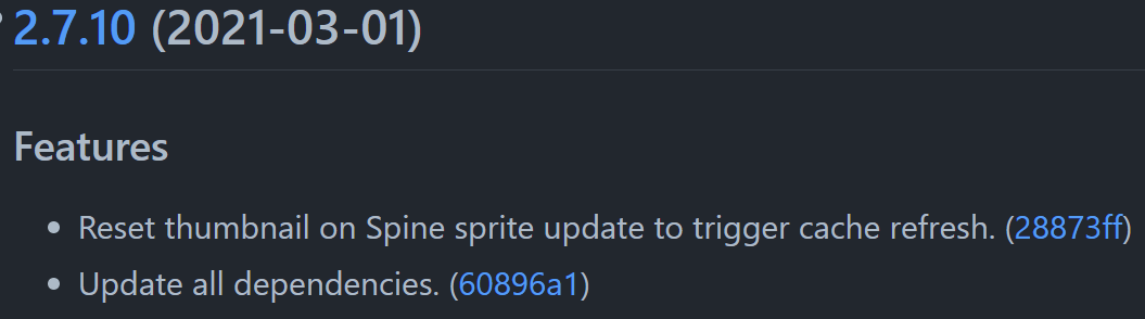 Screenshot of the part of the Changelog file that corresponds to the commit messages in the last image.