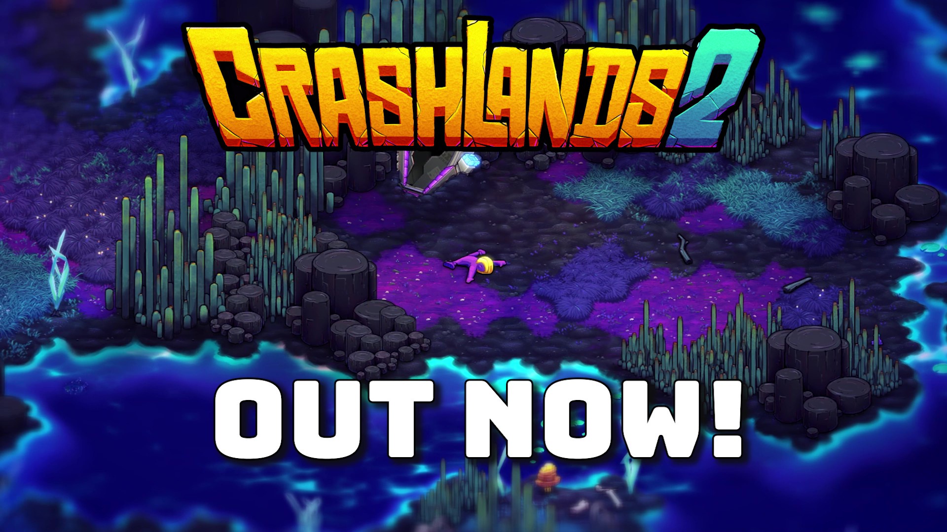 The opening moment of the game with Flux faceplanted onto the ground after crash-landing, with huge text saying Crashlands 2 is out.