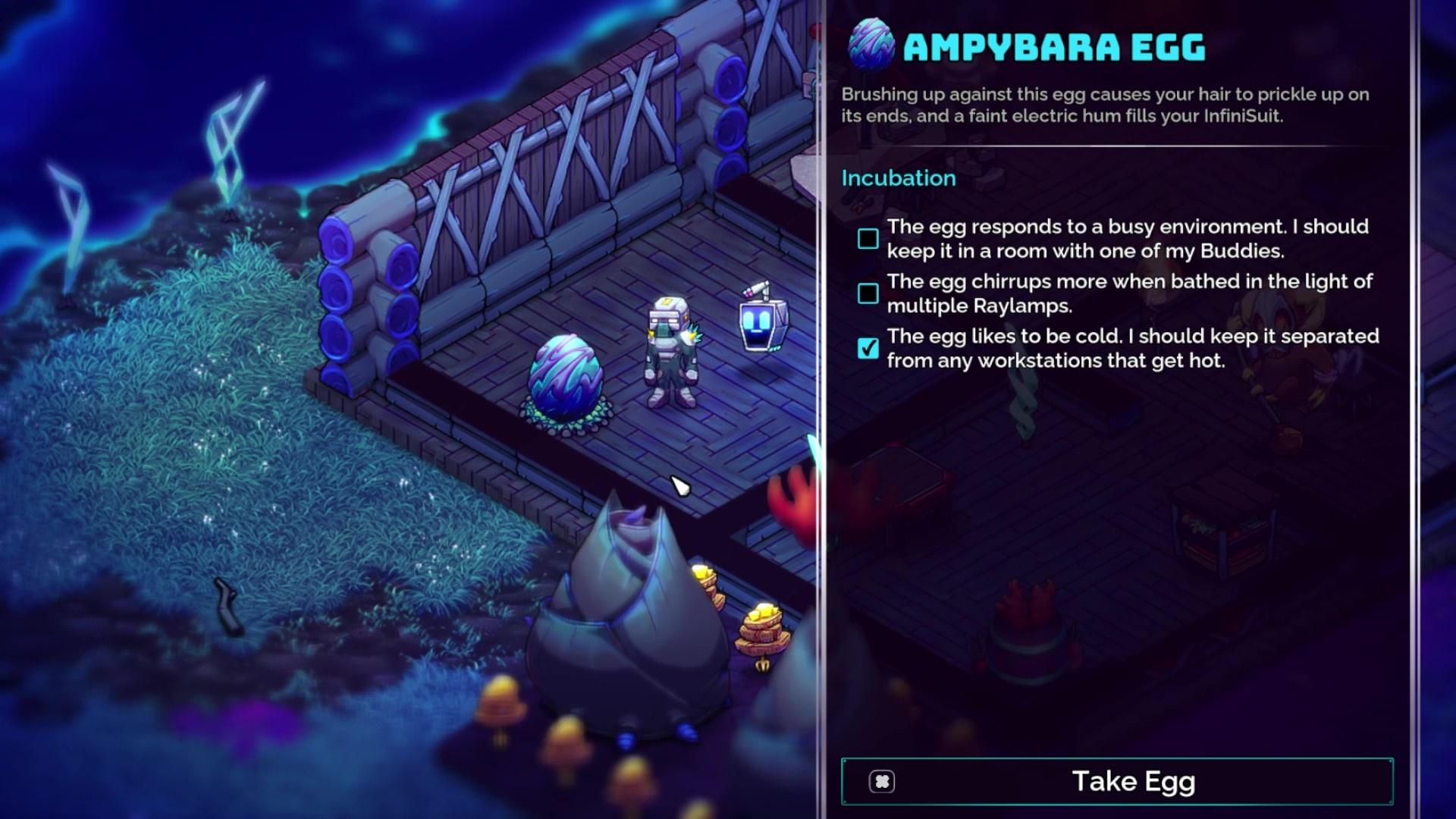 A game still showing the player next to an Ampybarra egg, with the incubation interface showing a list of requirements for the egg to start incubating.