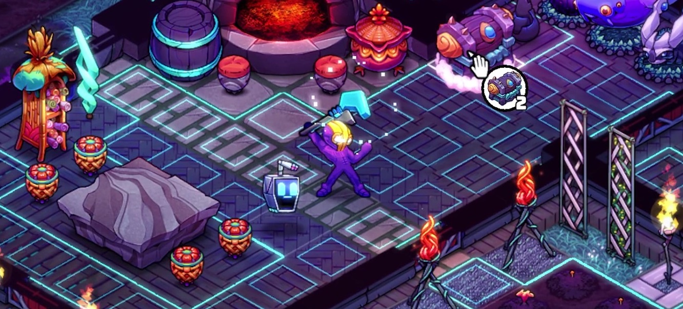 Crashlands 2 in build mode, showing Flux in the center wielding her Space Wrench, all of the tiles highlighted in aqua blue, and a bunch of cartoony furniture and decor. The cursor hovers over a chest.