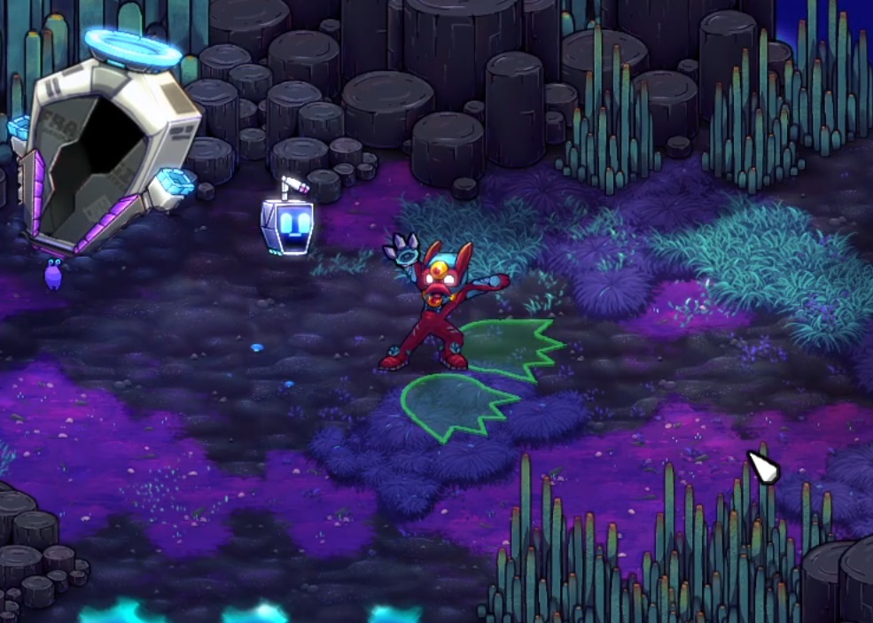 Flux in a dope suite of armor winding up to strike with her Electro Fuzz Knuckles, with green telegraphs on the ground showing where they will strike.